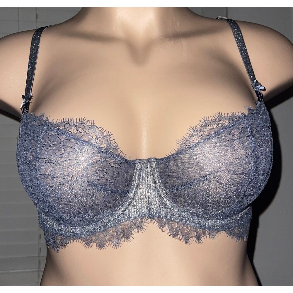 34DD GRAY LUREX LACE VICTORIA'S SECRET DREAM ANGELS UNLINED DEMI BRA